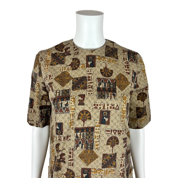 Vintage 50s Egyptian Top Women's Medium Novelty Print Brown Button Back Cotton - Picture 3 of 10